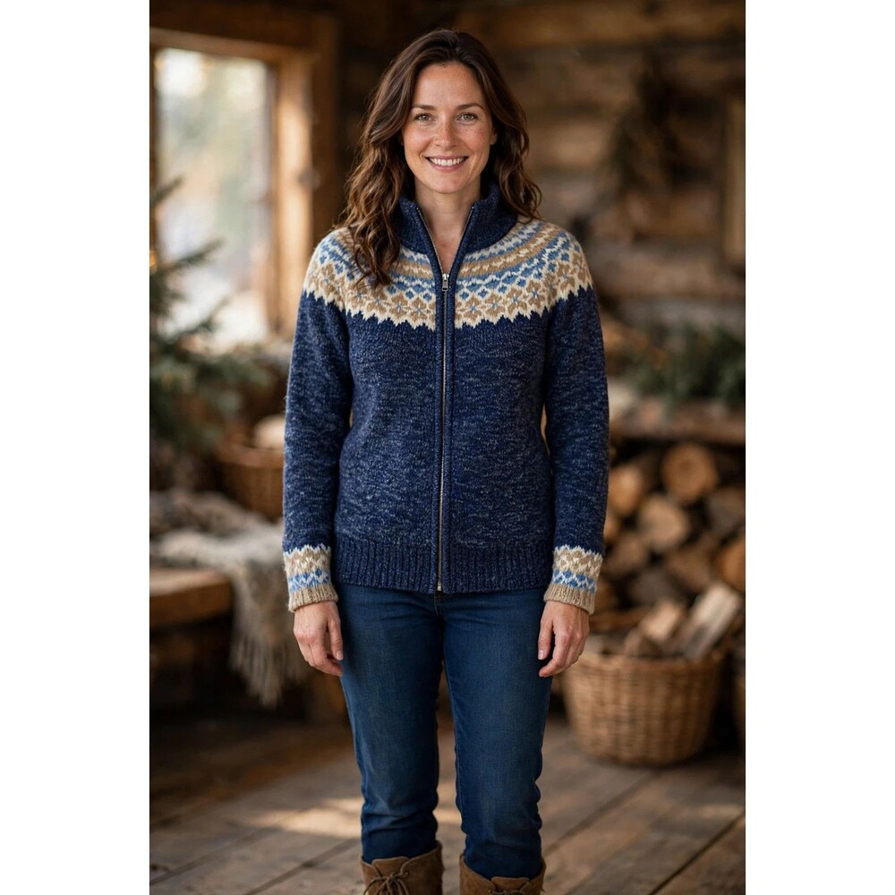 Navy Fair Isle Full Zip Sweater Size L Cabincore Cozy Nordic Nature Girl Winter